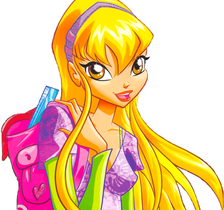 Stella Stella from Winx Club, wearing a purple shirt. She has a pink backpack and has green sleeves. She is wearing her hair down and has a purple headband. She has brown eyes and blonde hair. Her hair reaches her waist.
